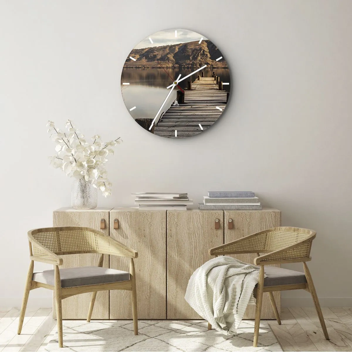 Wall clock - Clock on glass - A wooden bridge leads to a quiet lake in the mountains. - 30x30cm - Landscape in Silence - Modern wall decoration for the living room, kitchen, and bedroom ARTTOR