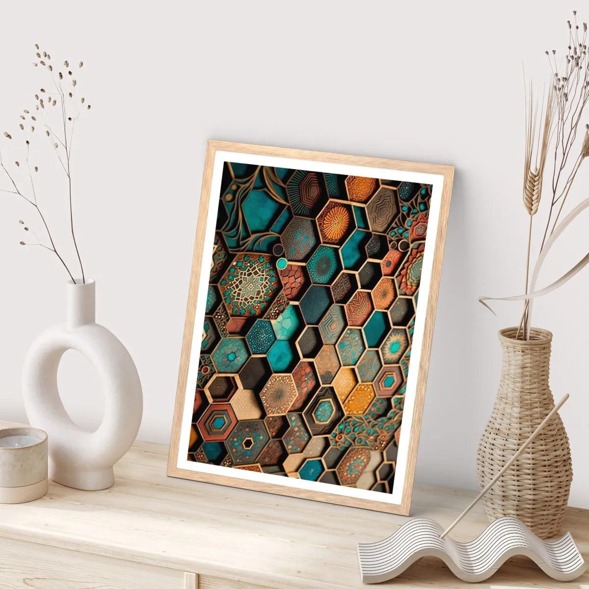 Poster in light oak frame - Arabic Ornaments - Variation - 30x40 cm