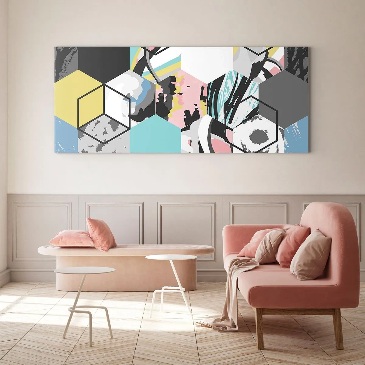 Glass picture - Hexagons and Cubes in Six Colours - 90x30 cm