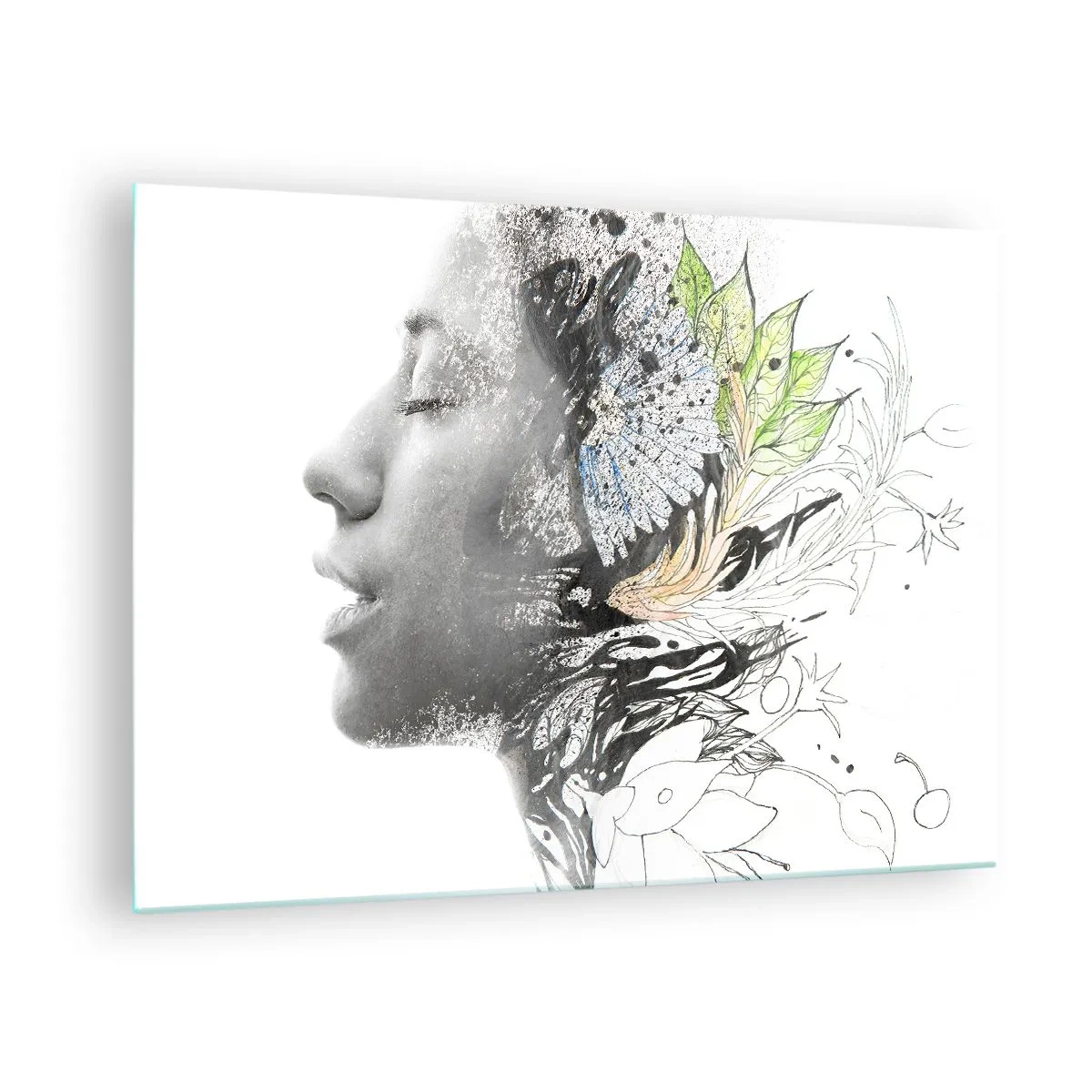 Glass picture - Woman's profile with nature motifs in a monochromatic style - 70x50cm - Immersed in Nature - Modern wall decoration for the living room and bedroom ARTTOR
