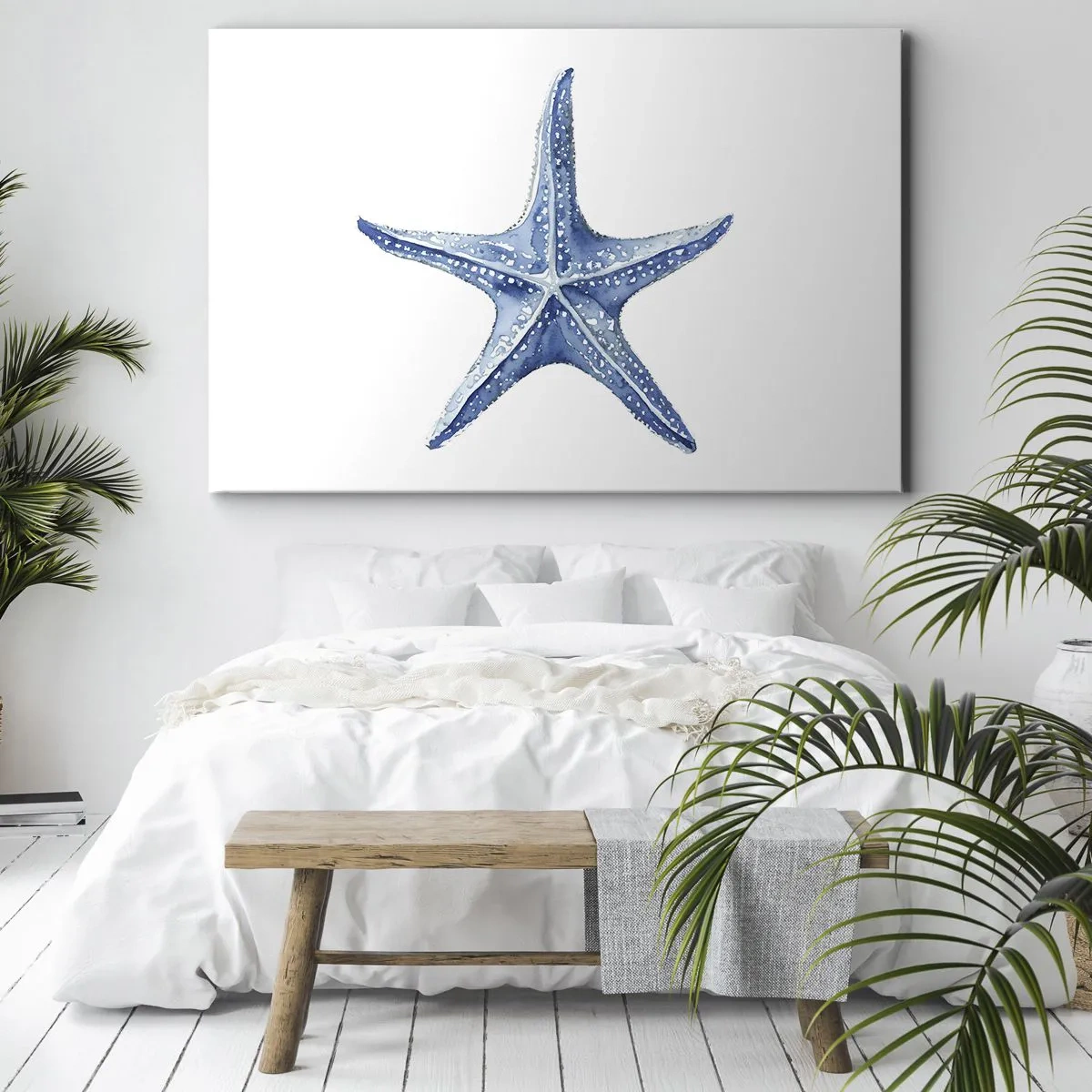 Canvas picture - Blue starfish on a white background in a minimalist style - 70x50cm - Sea Star - Modern wall decoration for the living room and bedroom ARTTOR