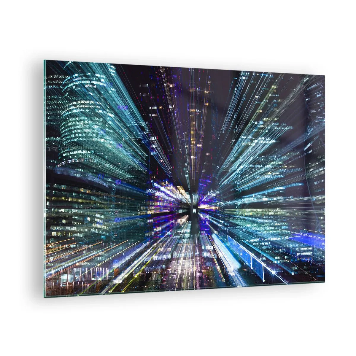 Glass picture - Dynamic light lines against the backdrop of a night city - 70x50cm - Going to Outer Space - Modern wall decoration for the living room and bedroom ARTTOR