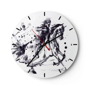 Wall clock - Clock on glass - Black and white watercolor horse rider - 30x30cm - Black Knight - Modern wall decoration for the living room, kitchen, and bedroom ARTTOR