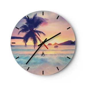 Wall clock - Clock on glass - Tropical beach with palm tree at sunset - 30x30cm - Evening in a Bay - Modern wall decoration for the living room, kitchen, and bedroom ARTTOR