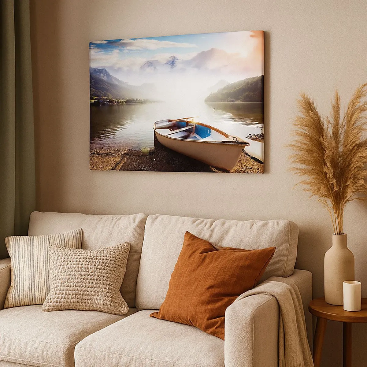 Canvas picture - A boat on the shore of a lake with a view of the mountains in the morning - 70x50cm - By the Great, Clear Waters - Modern wall decoration for the living room and bedroom ARTTOR