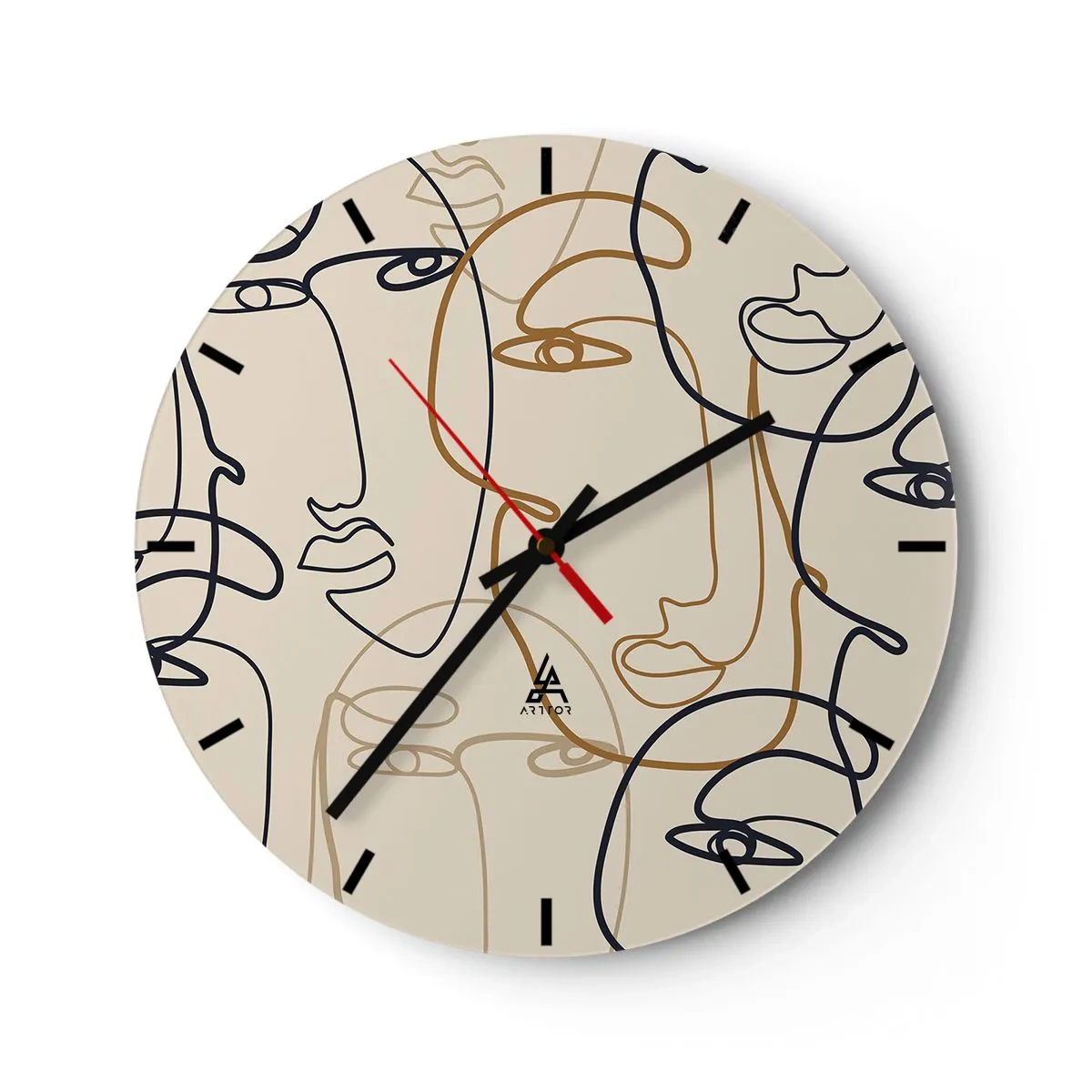 Wall clock - Clock on glass - Contoured faces in line art style on a beige background - 30x30cm - Multiplied Portrait - Modern wall decoration for the living room, kitchen, and bedroom ARTTOR