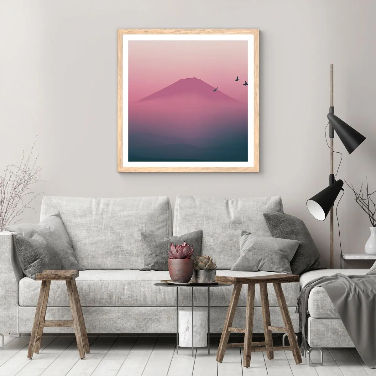 Poster in light oak frame - Wanderers above Clouds - 40x40 cm