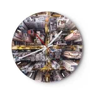 Wall clock - Clock on glass - Aerial view of the city illuminated at night - 30x30cm - Greetings from Hong Kong - Modern wall decoration for the living room, kitchen, and bedroom ARTTOR