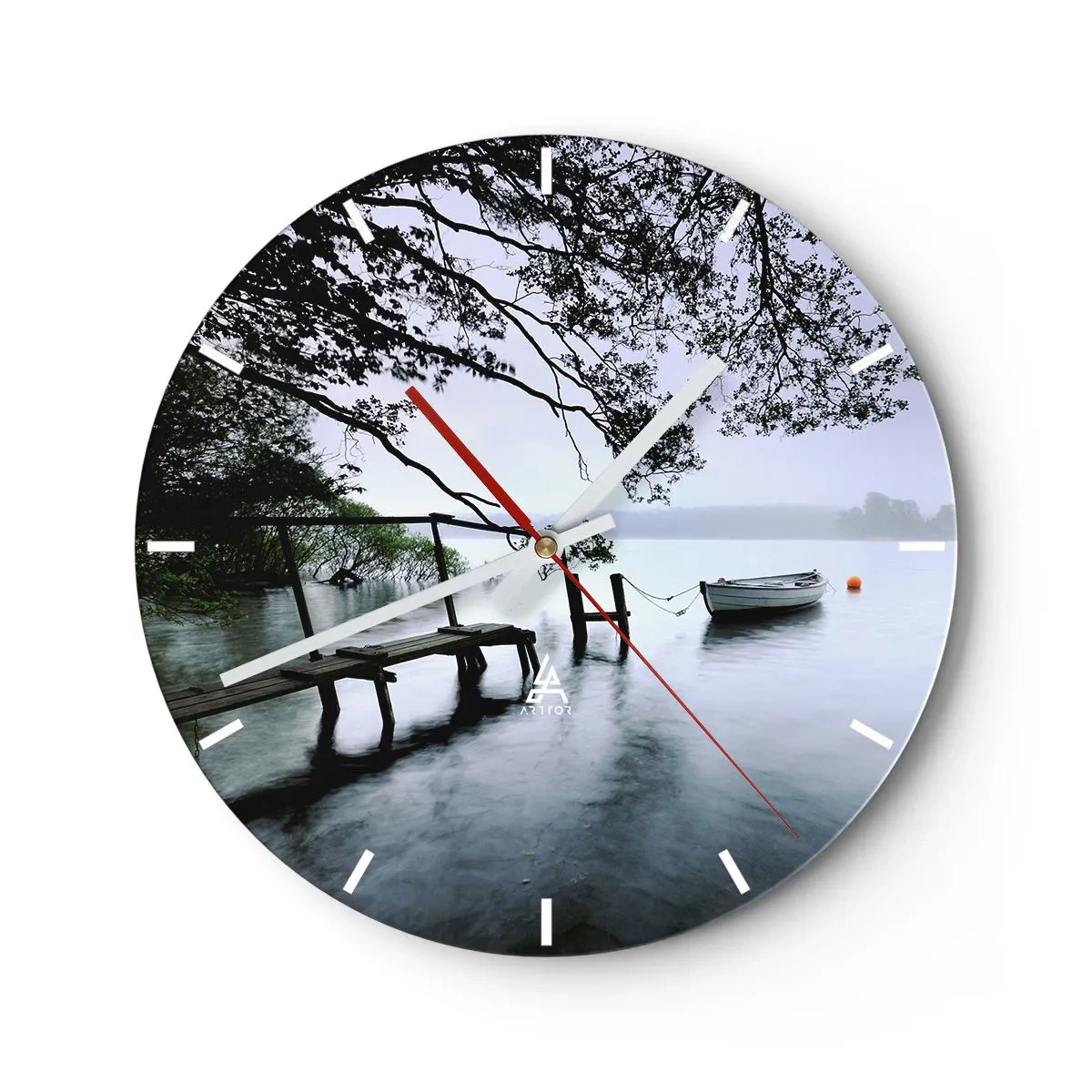 Wall clock - Clock on glass - A boat at a pier surrounded by trees on a calm lake - 30x30cm - You Are Resting Now - Modern wall decoration for the living room, kitchen, and bedroom ARTTOR