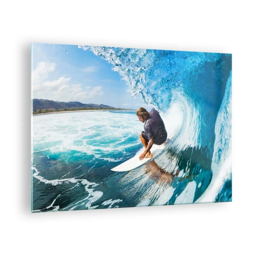 Glass picture - Surfer in a water tunnel with the ocean in the background - 70x50cm - Dancing with Waves - Modern wall decoration for the living room and bedroom ARTTOR