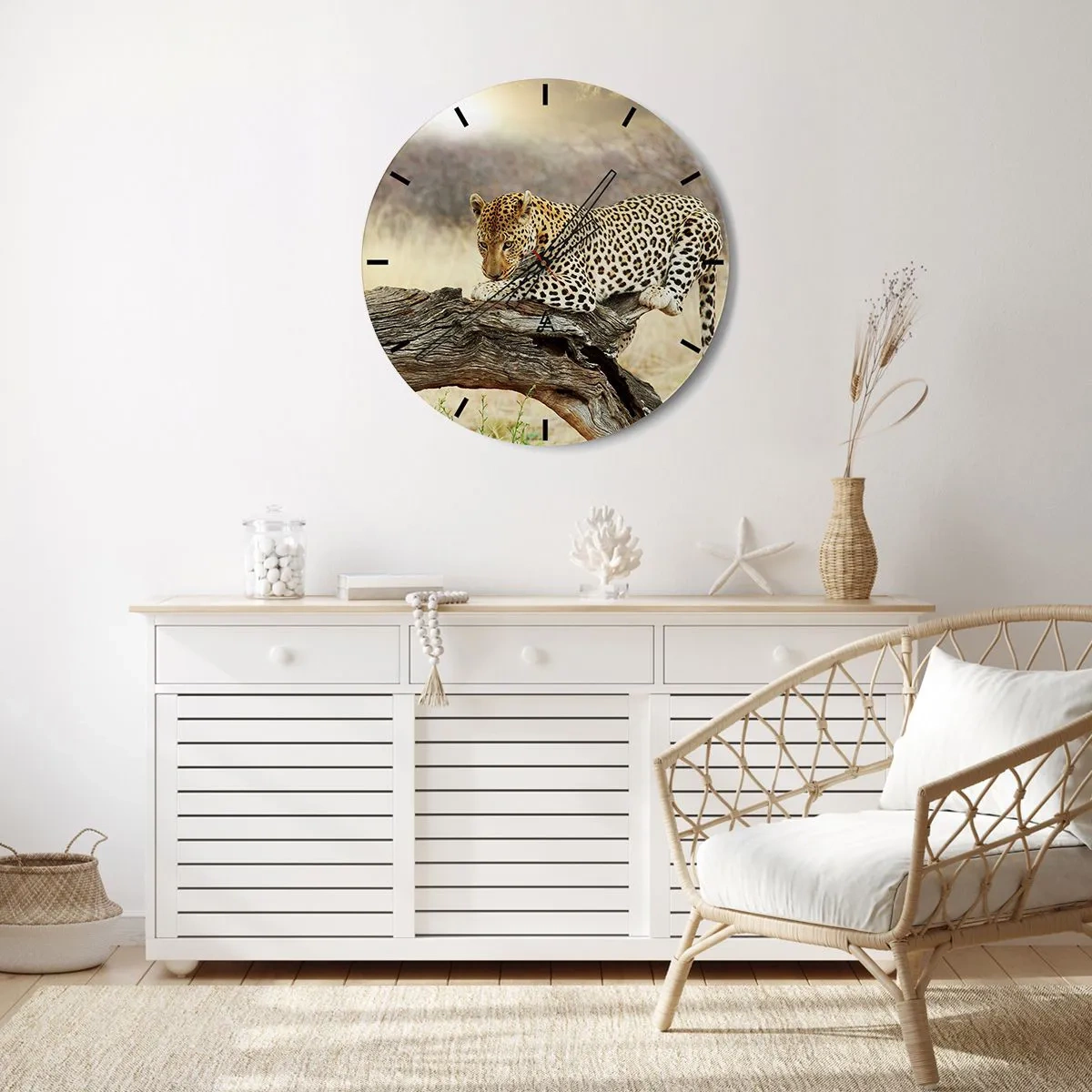 Wall clock - Clock on glass - A leopard resting on a dry tree branch - 30x30cm - I Mark My Own Path - Modern wall decoration for the living room, kitchen, and bedroom ARTTOR