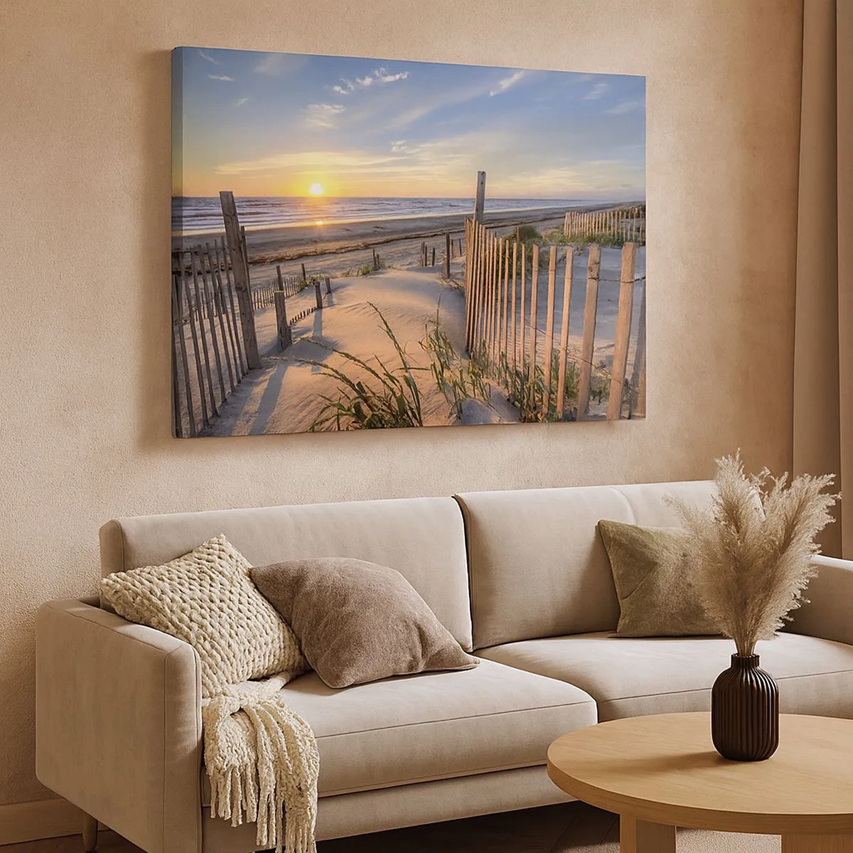 Canvas picture - Sunset beach with wooden fence - 70x50cm - Light and Shade of the Wind - Modern wall decoration for the living room and bedroom ARTTOR