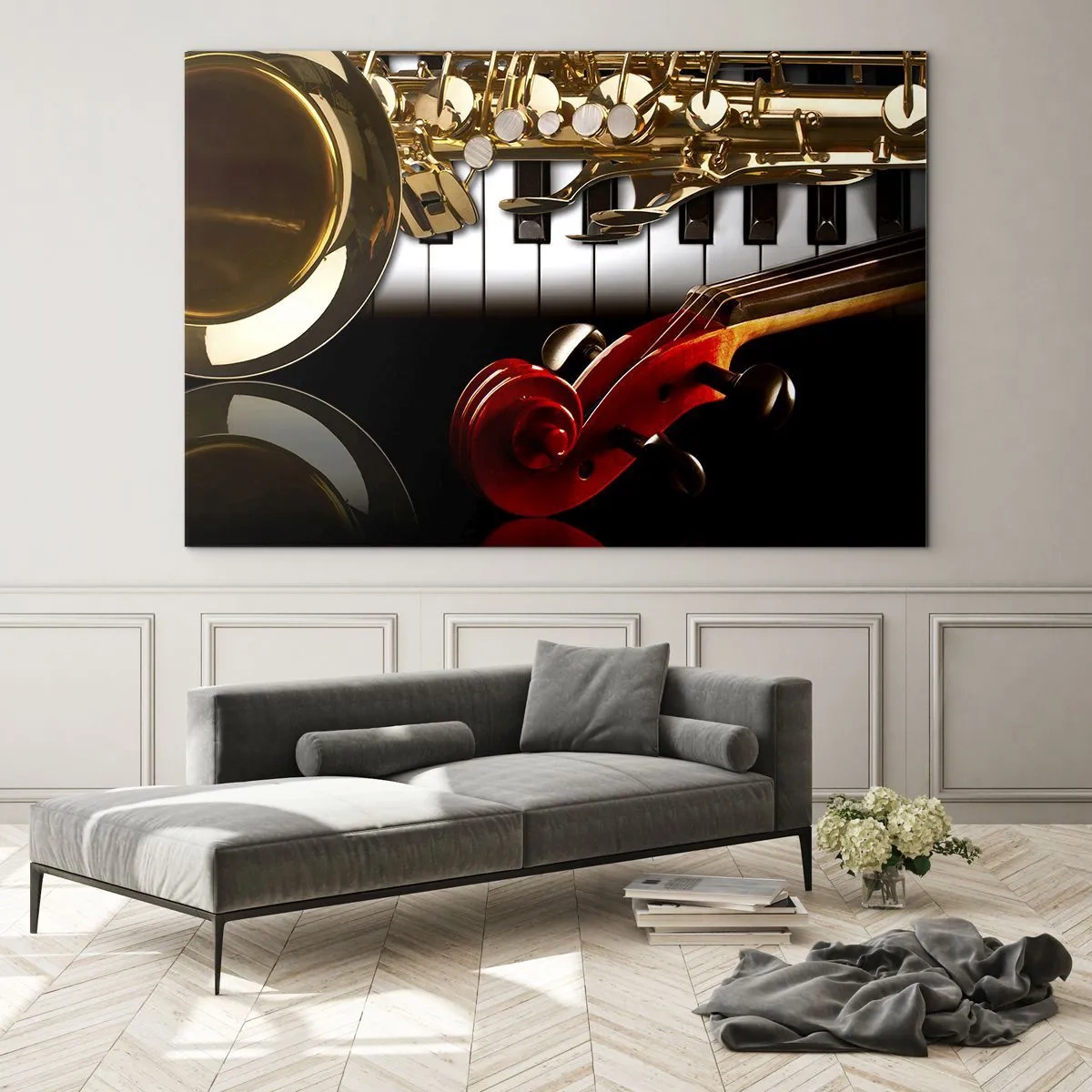 Glass picture - Saxophone, keyboard and bow in an artistic composition - 70x50cm - Tin, Wood and Ivory - Modern wall decoration for the living room and bedroom ARTTOR