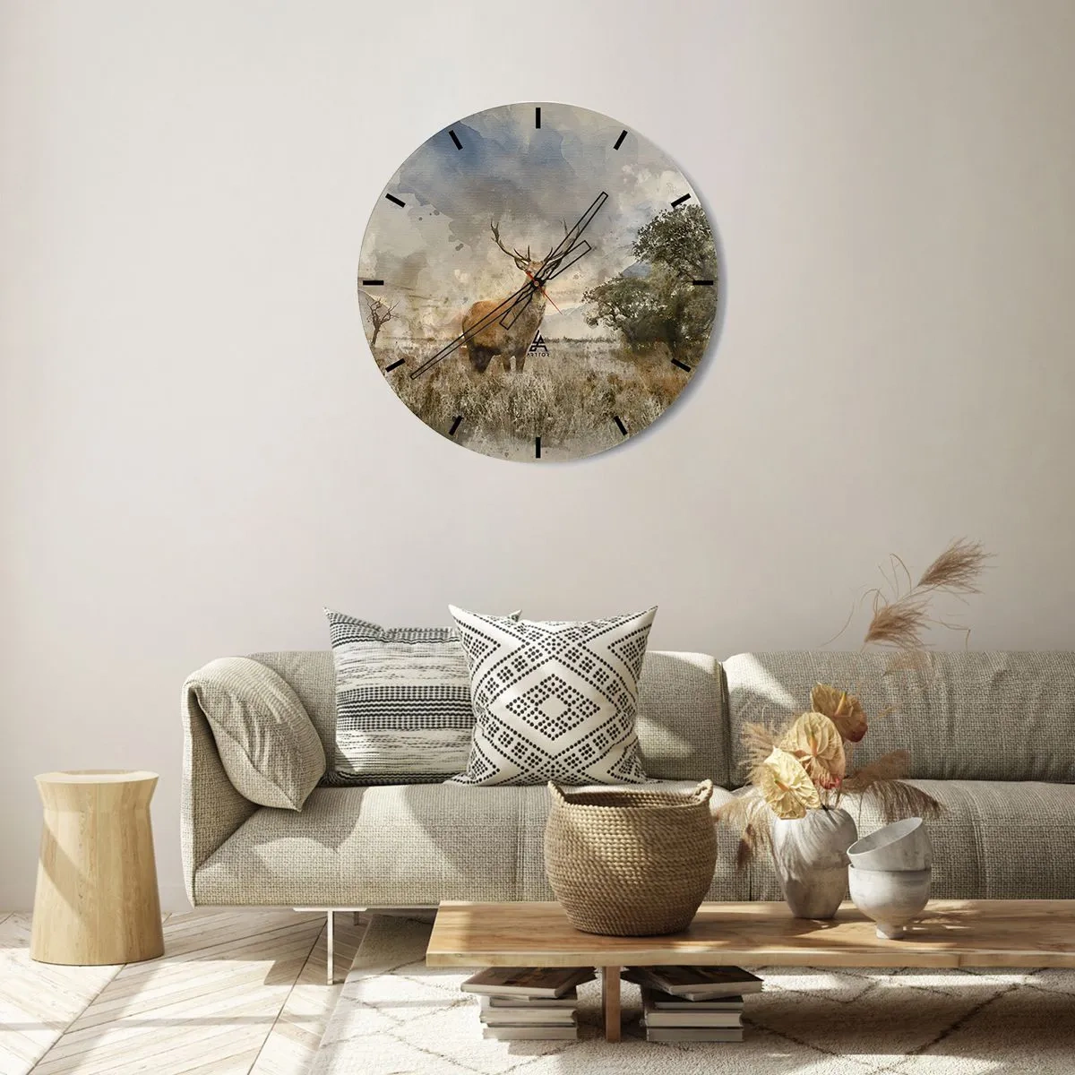 Wall clock - Clock on glass - A deer against the backdrop of a picturesque clearing and trees - 30x30cm - Dignity - Strength - Majesty - Modern wall decoration for the living room, kitchen, and bedroom ARTTOR
