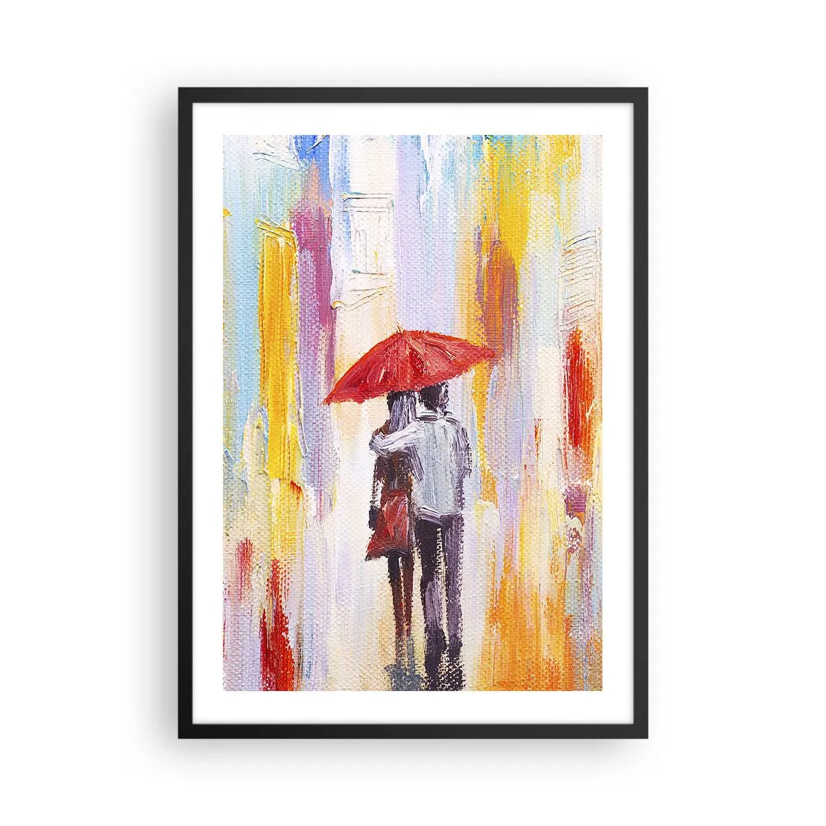 Poster in black frame - A romantic scene with a couple under a red umbrella against the backdrop of a city. - 50x70cm - Let It rain - Modern wall decoration for the living room and bedroom ARTTOR