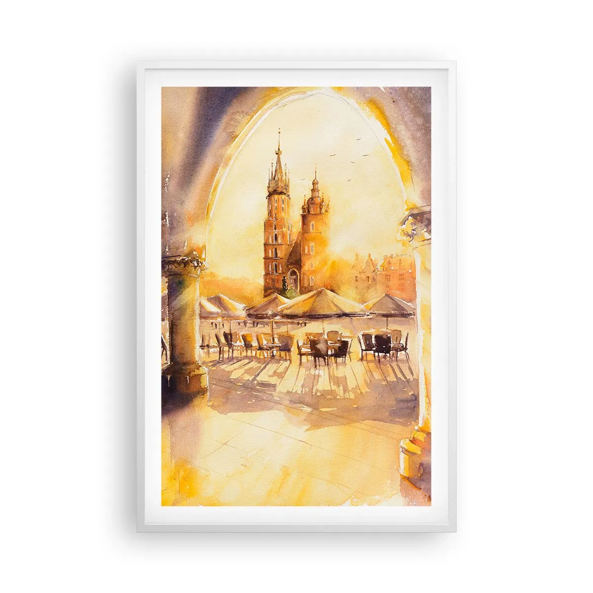 Poster in white frmae - Sunrise over a Crocow Market - 61x91 cm