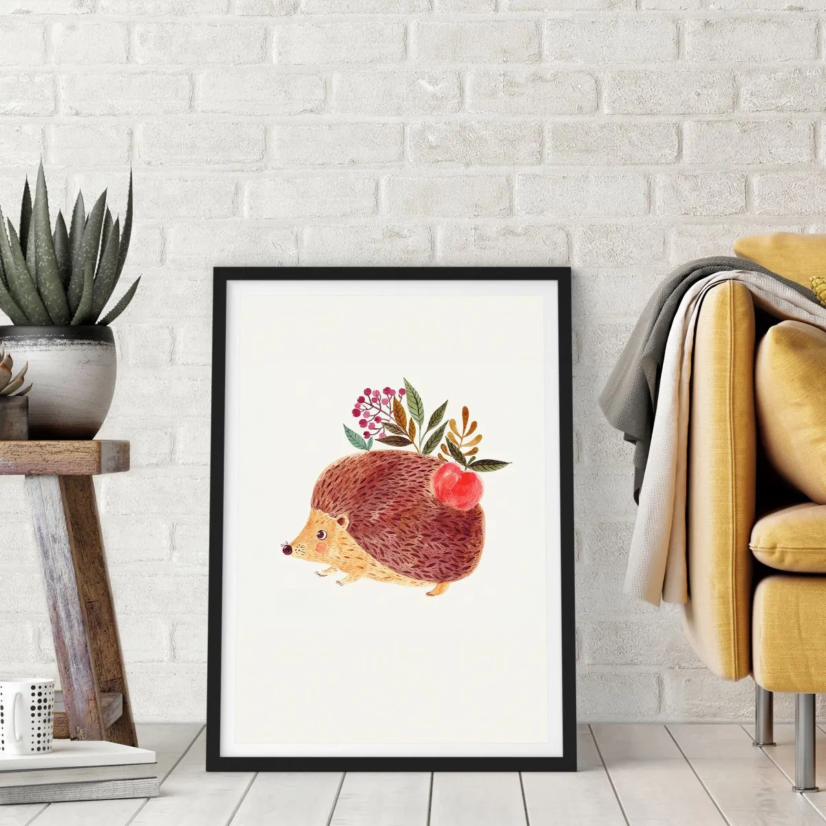 Poster in black frame - A cute hedgehog with an apple and twigs on a light background - 50x70cm - And Now You Like Me! - Modern wall decoration for the living room and bedroom ARTTOR