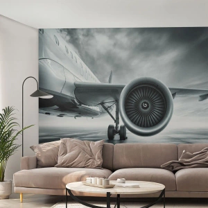 Photo Wallpaper Standard Eco - A jet engine on the tarmac at dawn - 100x70cm - There Is Power! - Modern wall decoration for the living room and bedroom ARTTOR