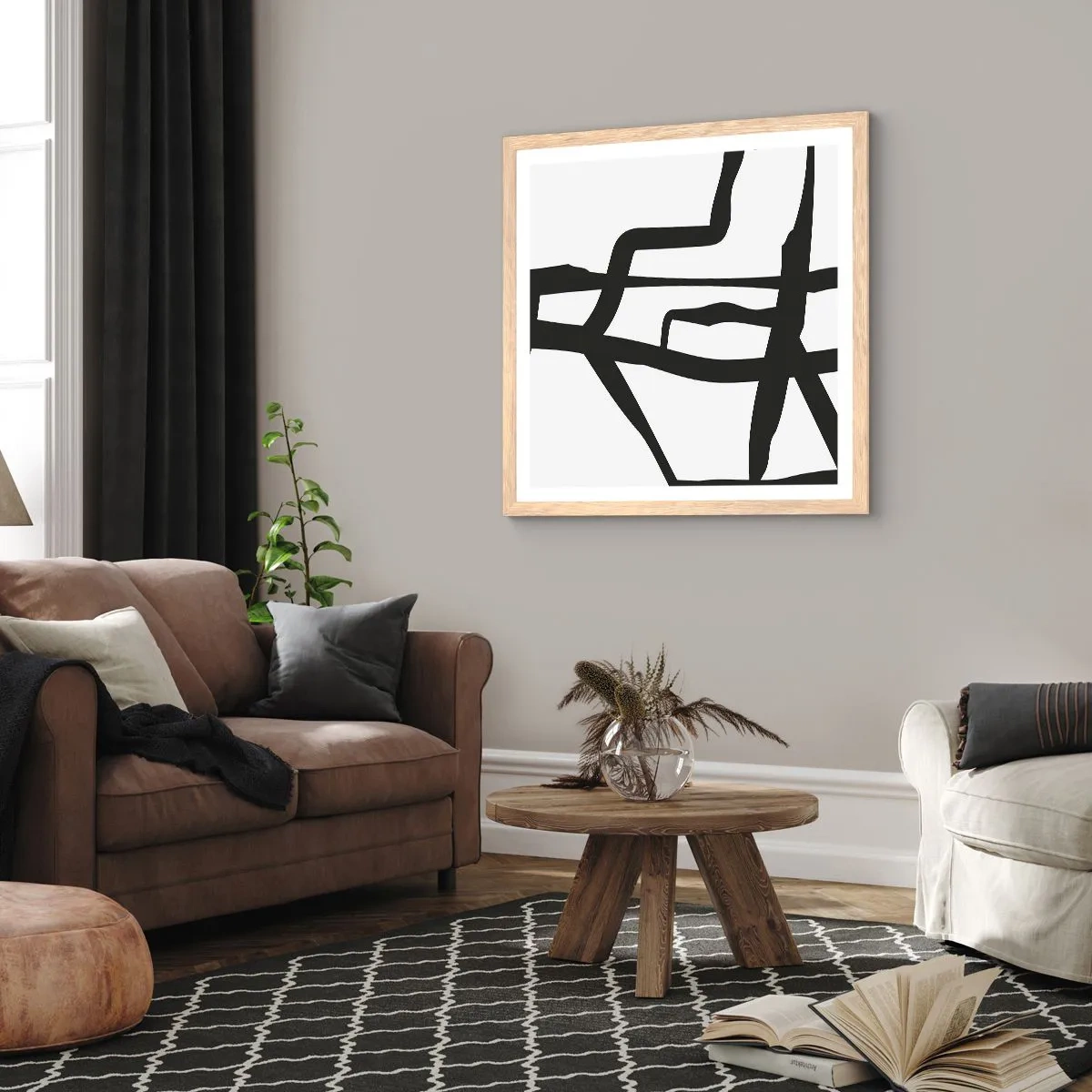 Poster in light oak frame - Black and White Construction - 60x60 cm