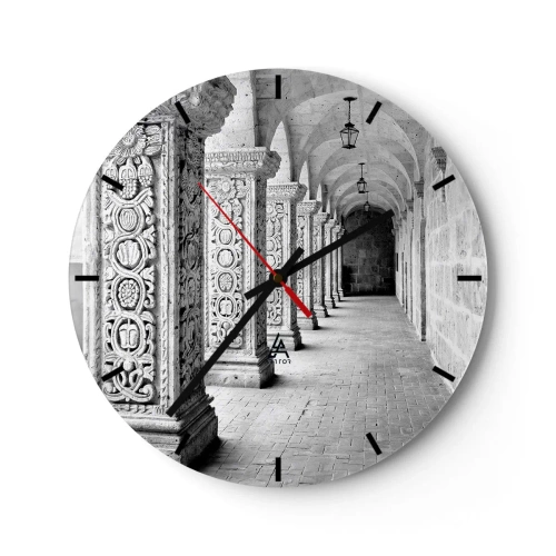 Wall clock - Clock on glass - Black and white arcade corridor with carved columns - 30x30cm - Where is this Going...? - Modern wall decoration for the living room, kitchen, and bedroom ARTTOR