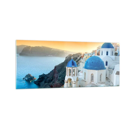 Glass picture - Santorini - Snuggling up to the Rocks - 100x40 cm