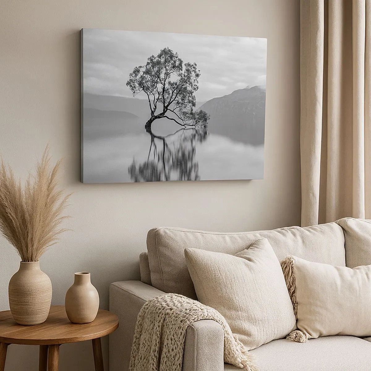 Canvas picture - A lonely tree reflected in the water with mountains in the background - 70x50cm - There Is Such Country - Modern wall decoration for the living room and bedroom ARTTOR