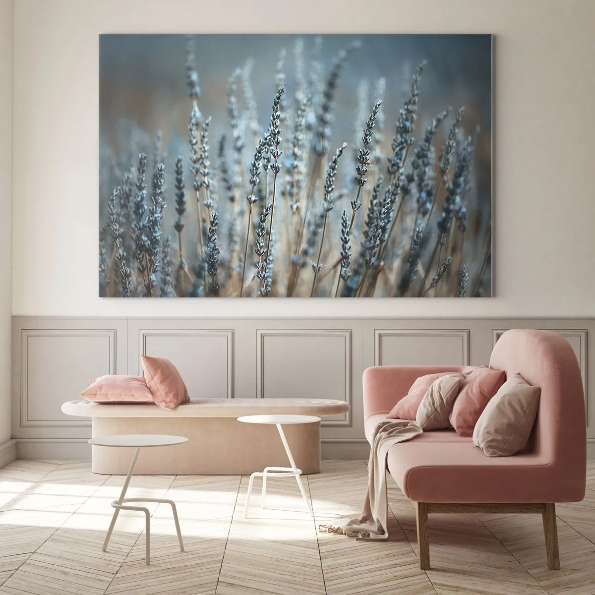 Glass picture - A field of lavender in soft, cool light - 70x50cm - Fragrant Grass - Modern wall decoration for the living room and bedroom ARTTOR