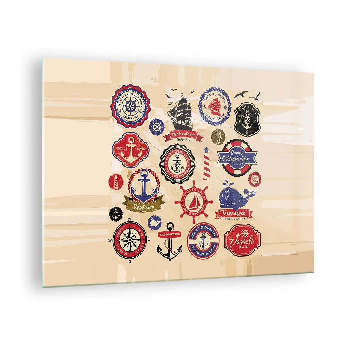 Glass picture - Nautical emblems and symbols on a beige background - 70x50cm - Brotherhood of Yachts - Modern wall decoration for the living room and bedroom ARTTOR