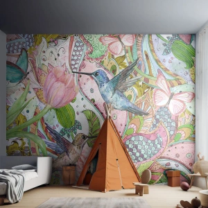 Photo Wallpaper Premium Canvas - Entwined in the Vines - Flowers, Bird, Butterfly - 300x210 cm