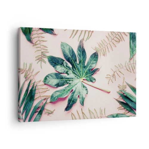 Canvas picture - Tropical leaves on a light pastel background - 70x50cm - Study in Green on Pink Background - Modern wall decoration for the living room and bedroom ARTTOR