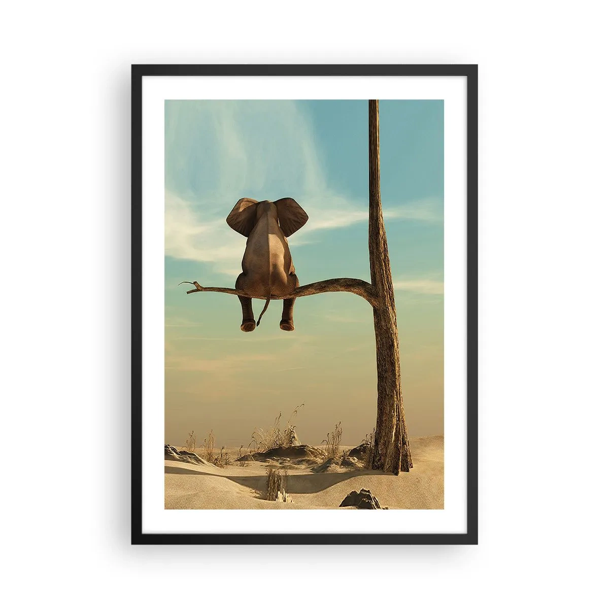 Poster in black frame - An elephant sitting on a branch with a desert landscape in the background. - 50x70cm - New Point of View - Modern wall decoration for the living room and bedroom ARTTOR
