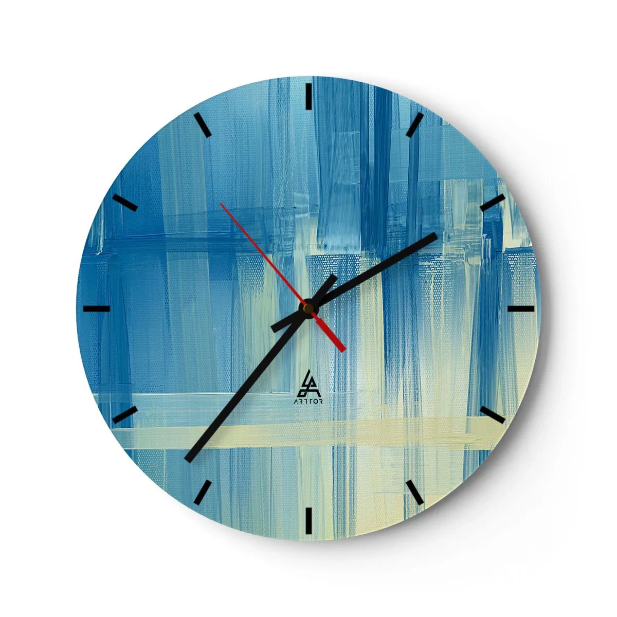 Wall clock - Clock on glass - Blue and beige abstraction in brush stroke technique - 30x30cm - Composition In Turquoise - Modern wall decoration for the living room, kitchen, and bedroom ARTTOR