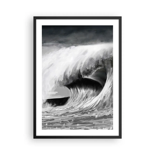 Poster in black frame - A powerful wave in shades of gray - 50x70cm - Wrath of the Ocean - Modern wall decoration for the living room and bedroom ARTTOR