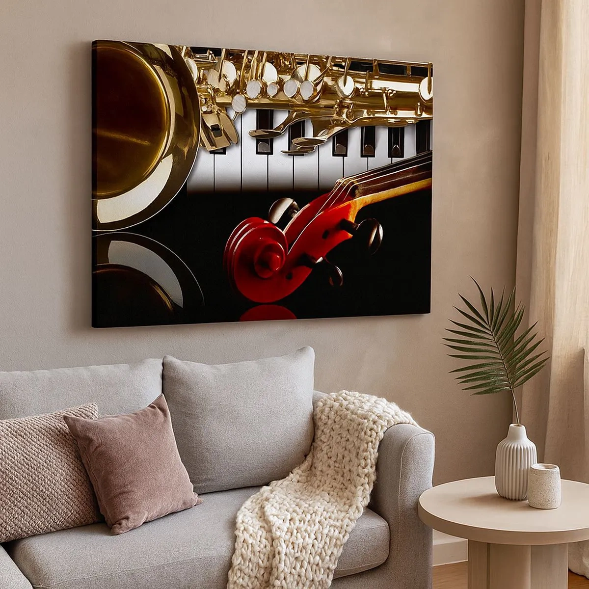 Canvas picture - golden saxophone, piano keys and a red violin - 70x50cm - Tin, Wood and Ivory - Modern wall decoration for the living room and bedroom ARTTOR