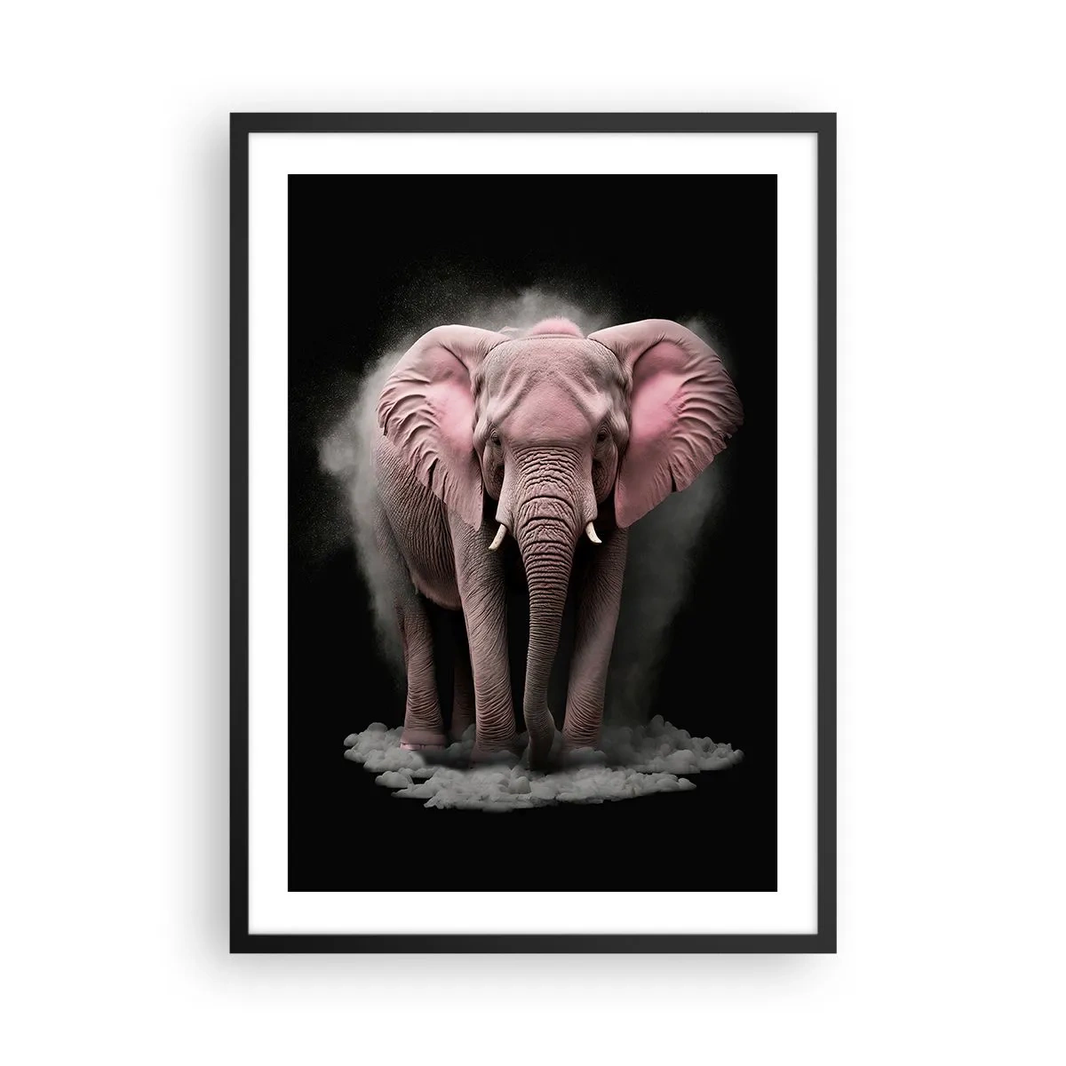 Poster in black frame - pink elephant in a dynamic, black space - 50x70cm - Don't Think About a Pink Elephant! - Modern wall decoration for the living room and bedroom ARTTOR