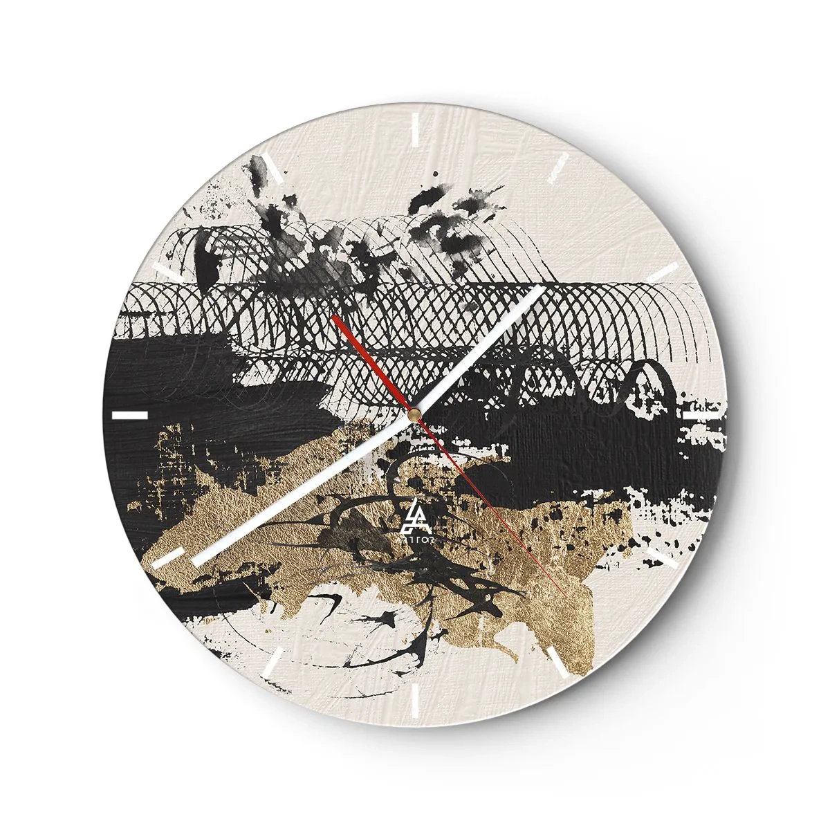 Wall clock - Clock on glass - Abstract composition of black, gold and white - 30x30cm - Composition With Passion - Modern wall decoration for the living room, kitchen, and bedroom ARTTOR