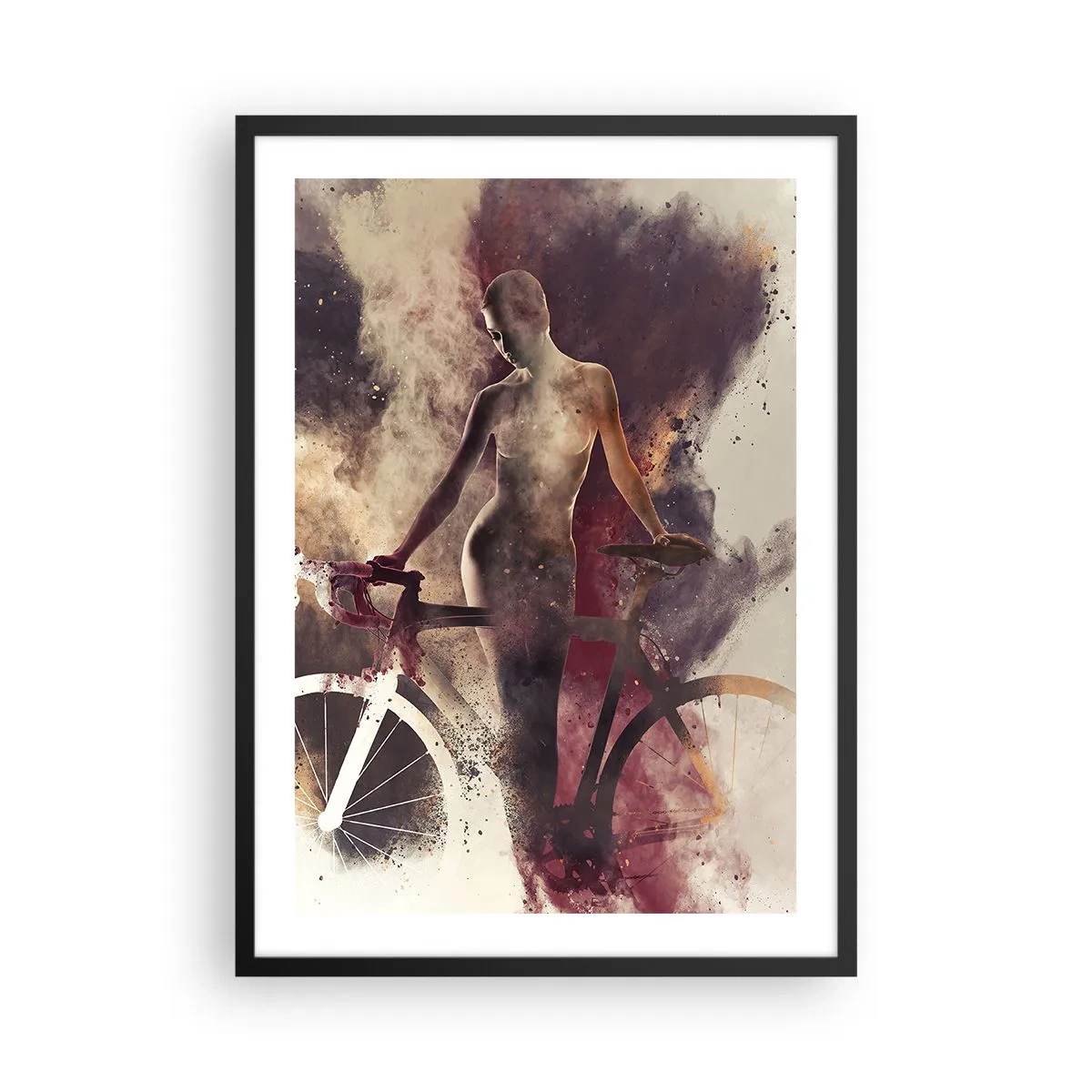 Poster in black frame - Silhouette of a woman with a bicycle in an artistic, smoky background - 50x70cm - Marble Sculpted Biker's Soul - Modern wall decoration for the living room and bedroom ARTTOR