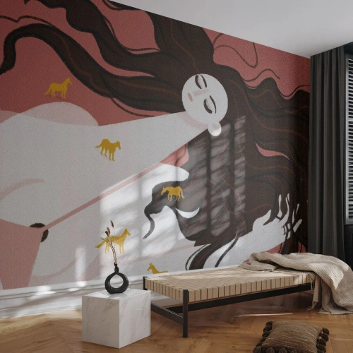 Photo Wallpaper Standard Eco - Dream of a Golden Horse - Woman, Portrait, Minimalism - 500x350 cm