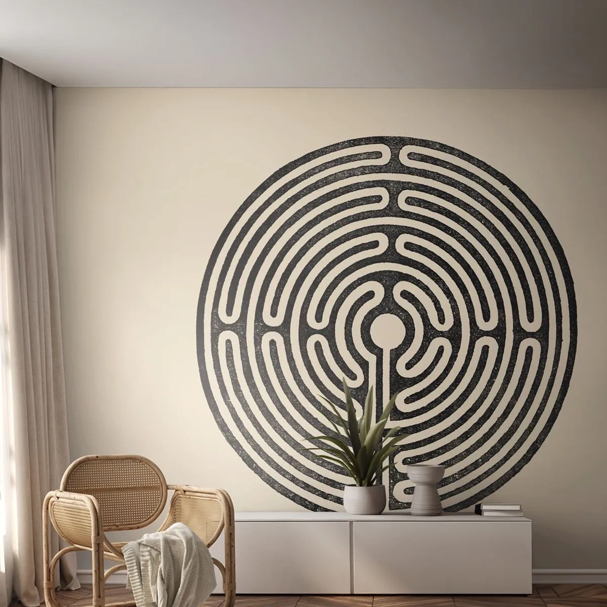 Photo Wallpaper Premium Sand - Mysterious Order - Maze, Minimalism, Black and white - 300x210 cm