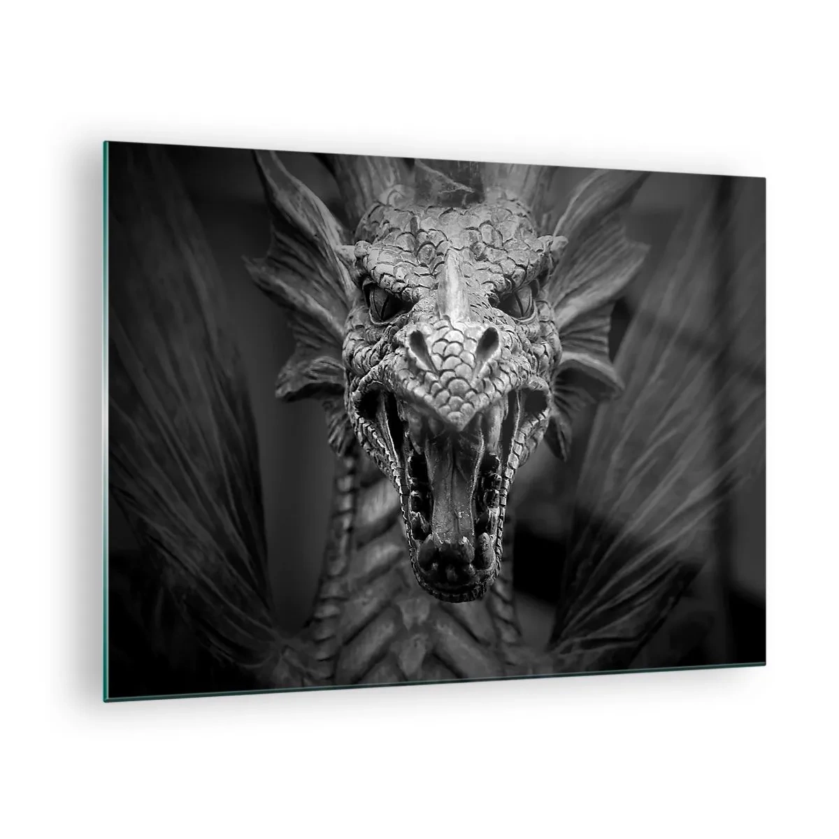 Glass picture - Detailed portrait of a dragon in black and white - 70x50cm - Fairytale Dragon in Grey - Modern wall decoration for the living room and bedroom ARTTOR