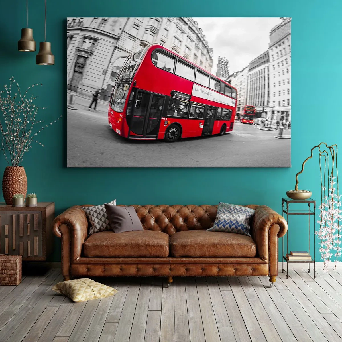 Canvas picture - A red London bus against a black and white street - 70x50cm - Traditional London -By Bus - Modern wall decoration for the living room and bedroom ARTTOR