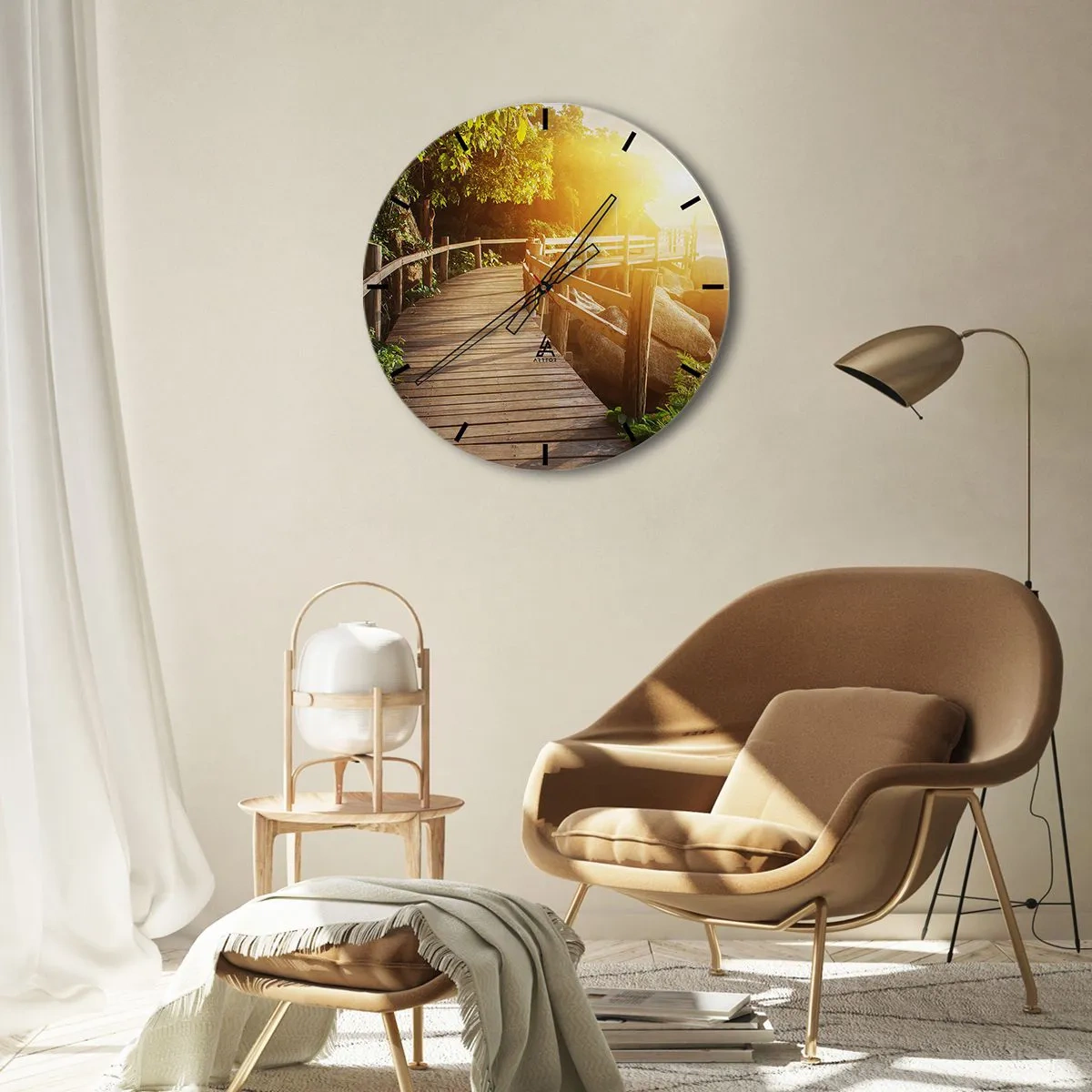Wall clock - Clock on glass - A wooden path among greenery in the rays of the sun - 30x30cm - Another Bend, New Wonders - Modern wall decoration for the living room, kitchen, and bedroom ARTTOR