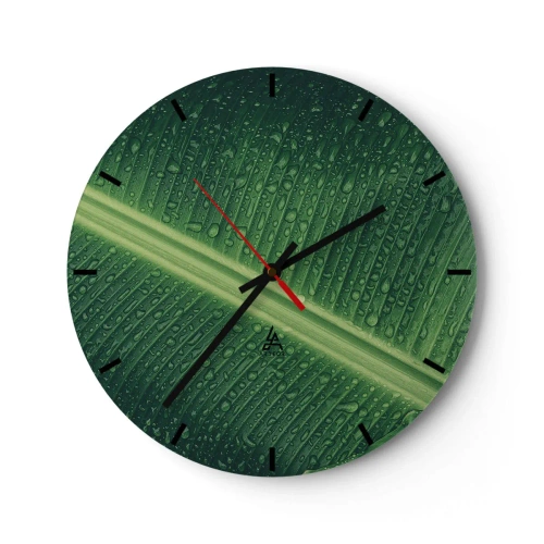 Wall clock - Clock on glass - Close-up of a leaf with dew drops - 30x30cm - Structure of Green - Modern wall decoration for the living room, kitchen, and bedroom ARTTOR