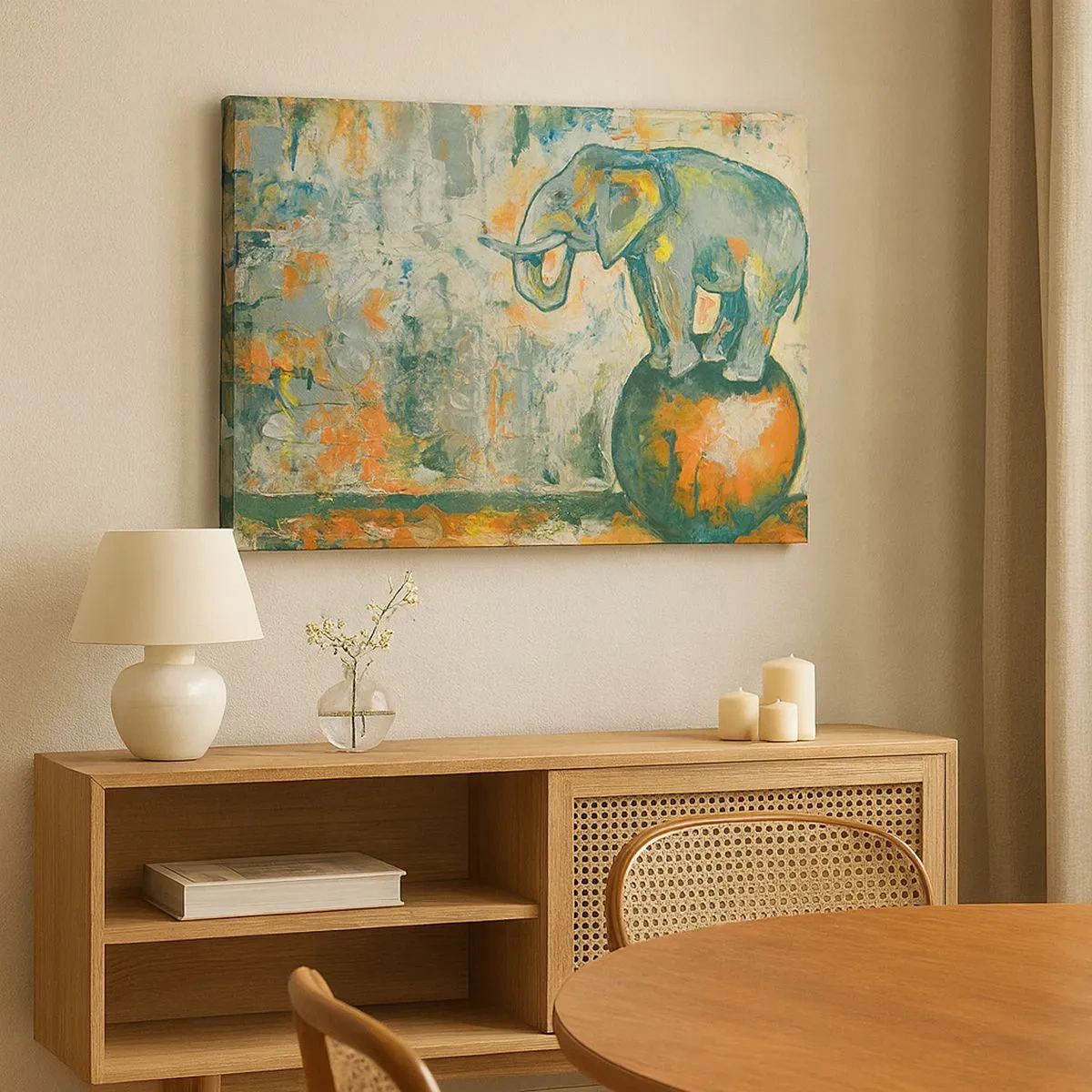 Canvas picture - An elephant balancing on a ball in an artistic style - 70x50cm - Long Live the Circus! - Modern wall decoration for the living room and bedroom ARTTOR