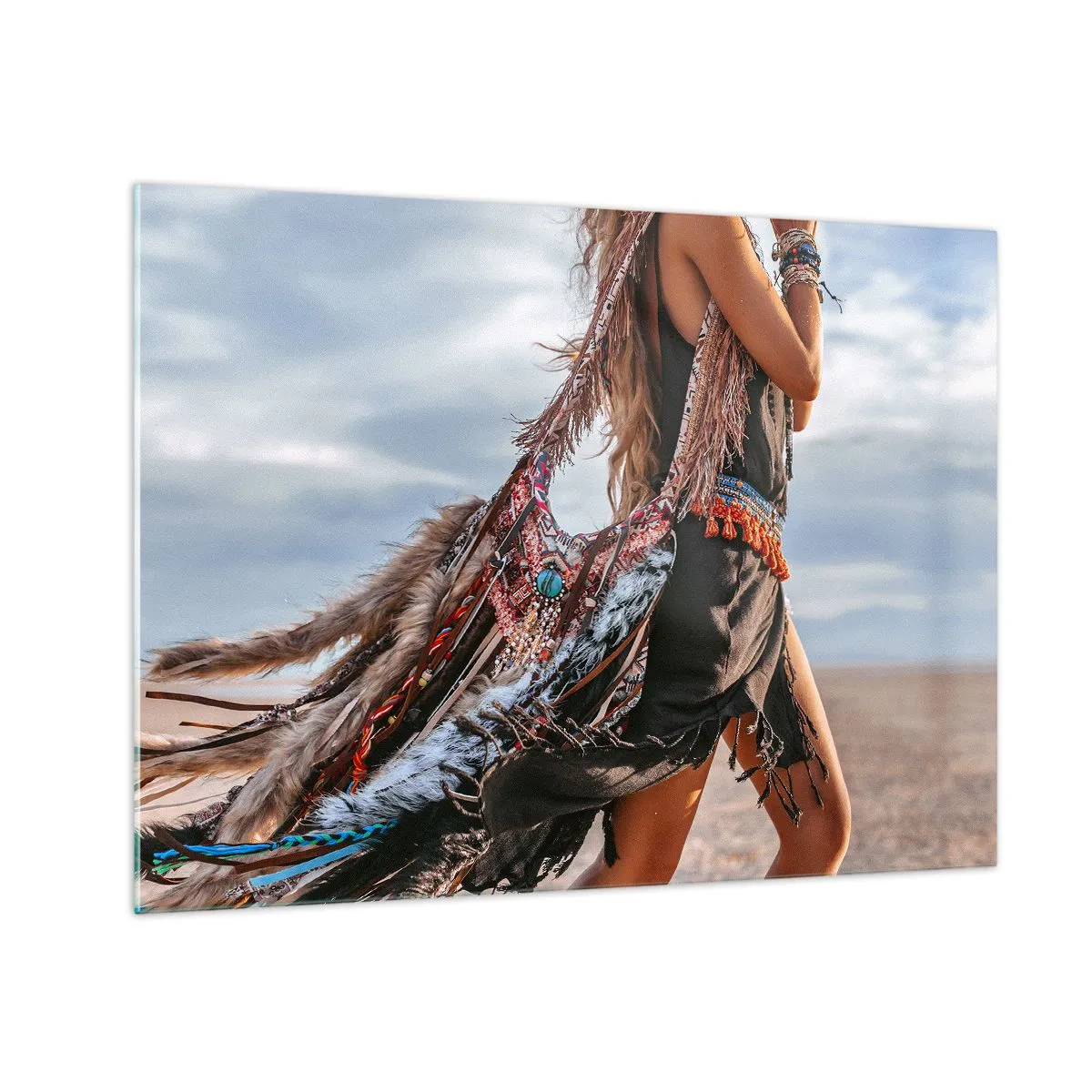 Glass picture - Boho style woman with feathers and decorations against a desert background - 70x50cm - Shaman's Girl - Modern wall decoration for the living room and bedroom ARTTOR