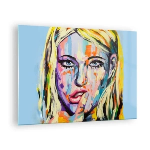 Glass picture - A colorful portrait of a woman with a thoughtful expression - 70x50cm - Look Her Straight in the Eyes - Modern wall decoration for the living room and bedroom ARTTOR