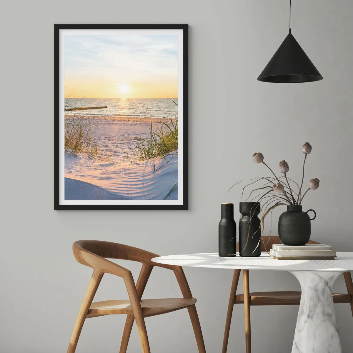 Poster in black frame - Sound of the Sea, Singing of the Birds, Wild Beach among Grass - 30x40 cm