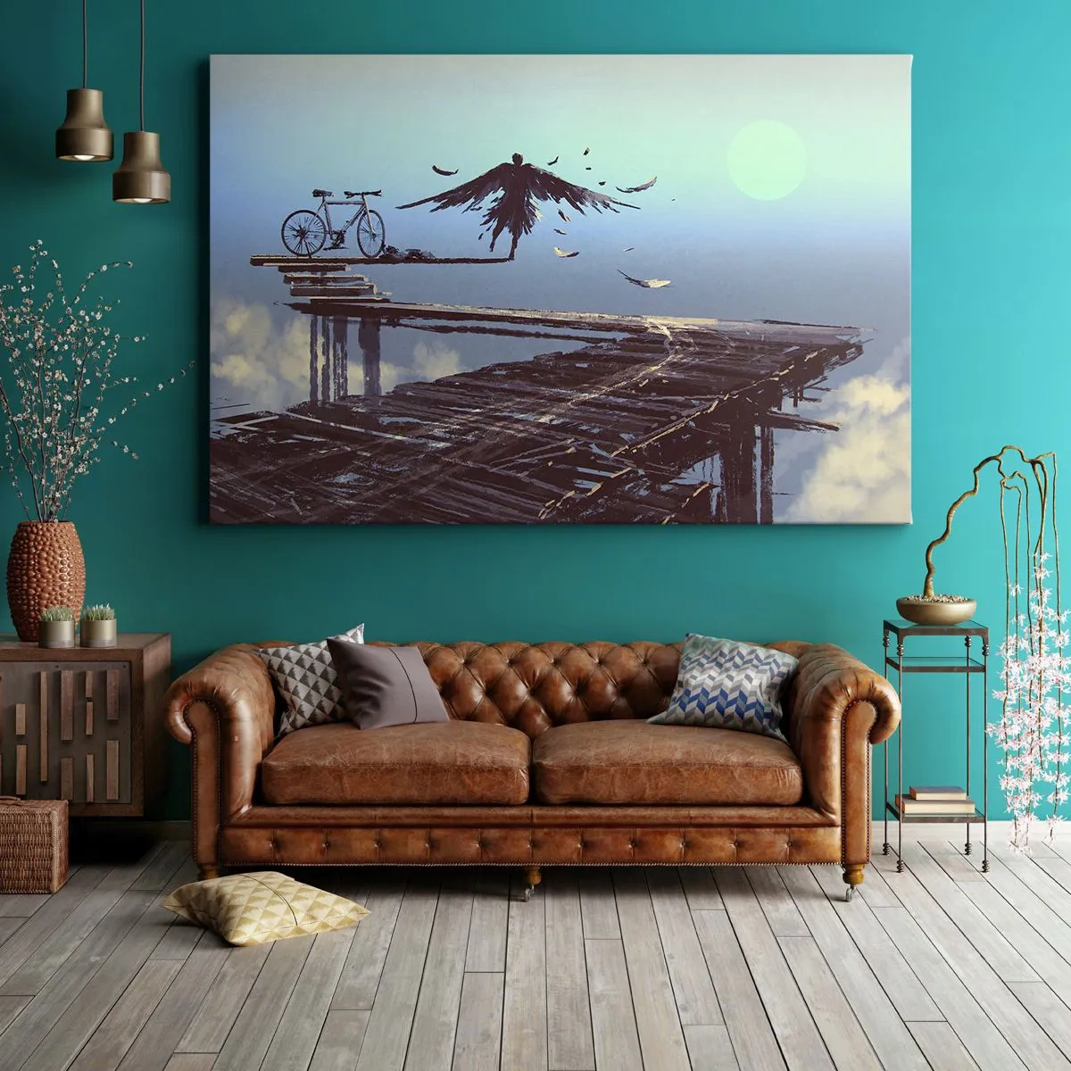 Canvas picture - A figure with feathers hovers over a wooden bridge next to a bicycle. - 70x50cm - Icarus Alive - Modern wall decoration for the living room and bedroom ARTTOR
