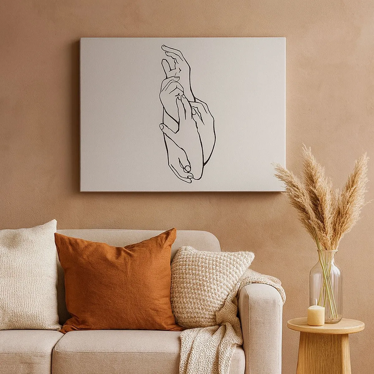 Canvas picture - A minimalist sketch of hands clasped in a gesture of delicacy. - 70x50cm - Good Touch - Modern wall decoration for the living room and bedroom ARTTOR