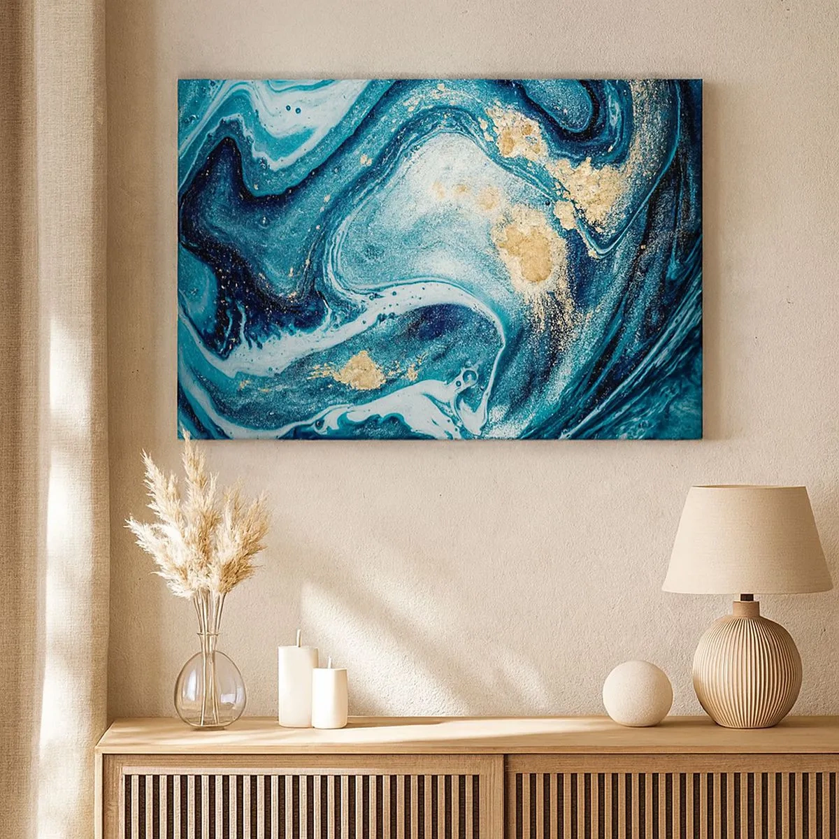 Canvas picture - An abstract composition of waves and golden accents - 70x50cm - Blue Whirl - Modern wall decoration for the living room and bedroom ARTTOR
